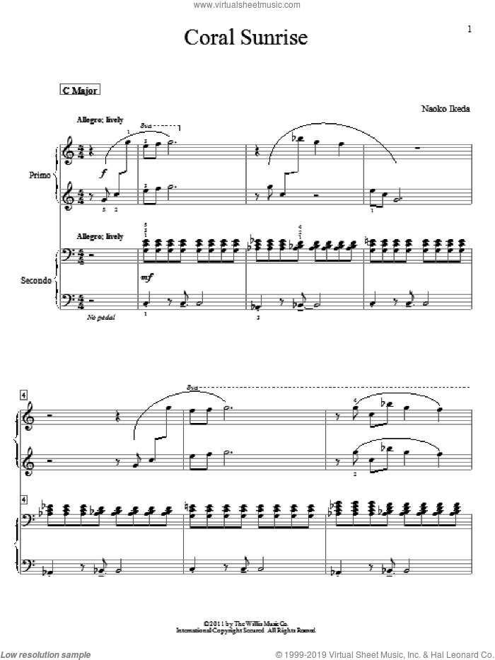Coral Sunrise sheet music for piano four hands by Naoko Ikeda, intermediate skill level