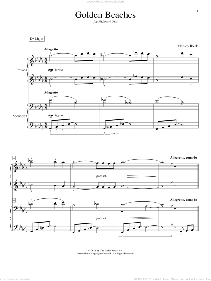 Golden Beaches sheet music for piano four hands by Naoko Ikeda, intermediate skill level