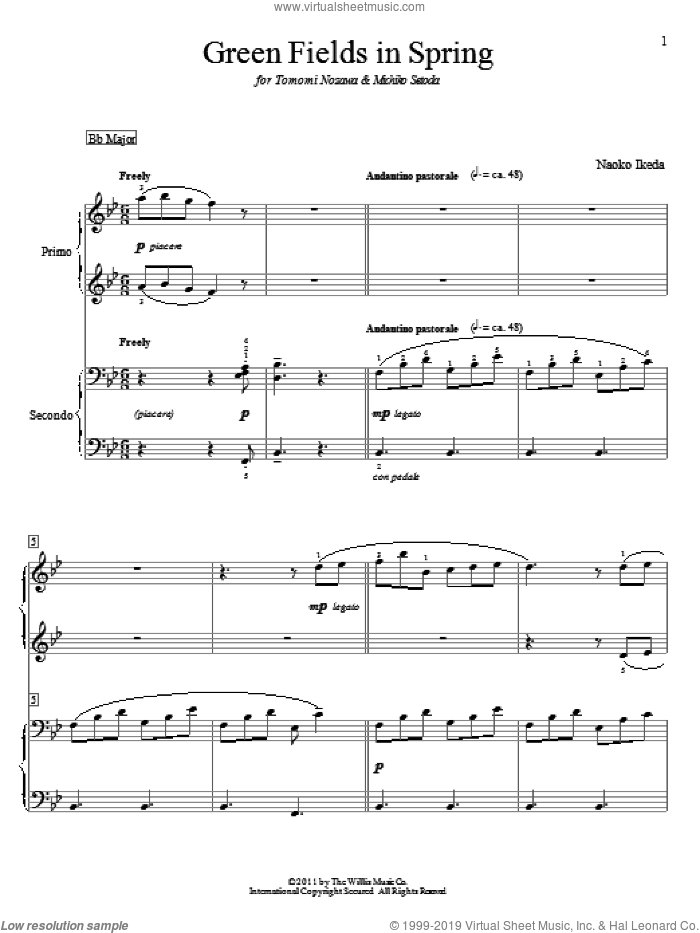 Green Fields In Spring sheet music for piano four hands by Naoko Ikeda, intermediate skill level