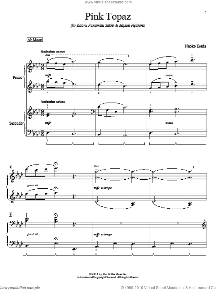 Pink Topaz sheet music for piano four hands by Naoko Ikeda, intermediate skill level