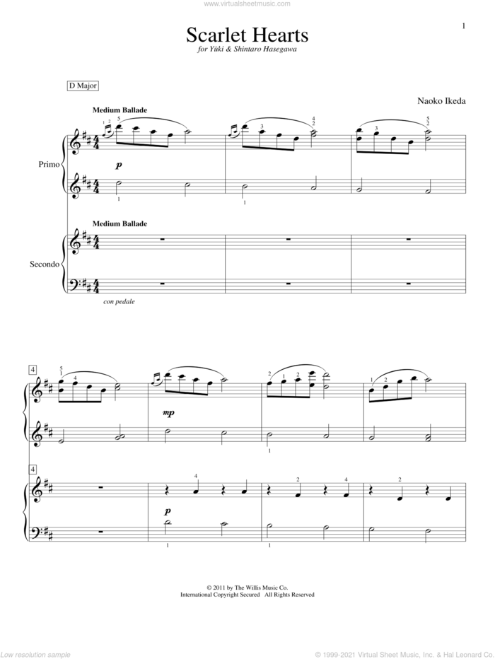 Scarlet Hearts sheet music for piano four hands by Naoko Ikeda, intermediate skill level