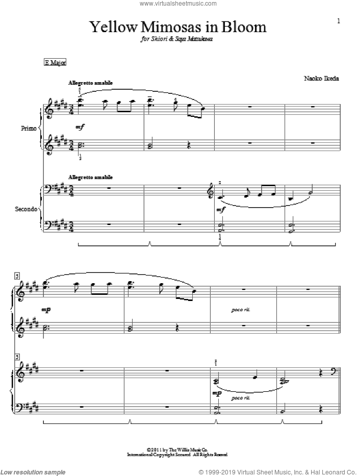 Yellow Mimosas In Bloom sheet music for piano four hands by Naoko Ikeda, intermediate skill level