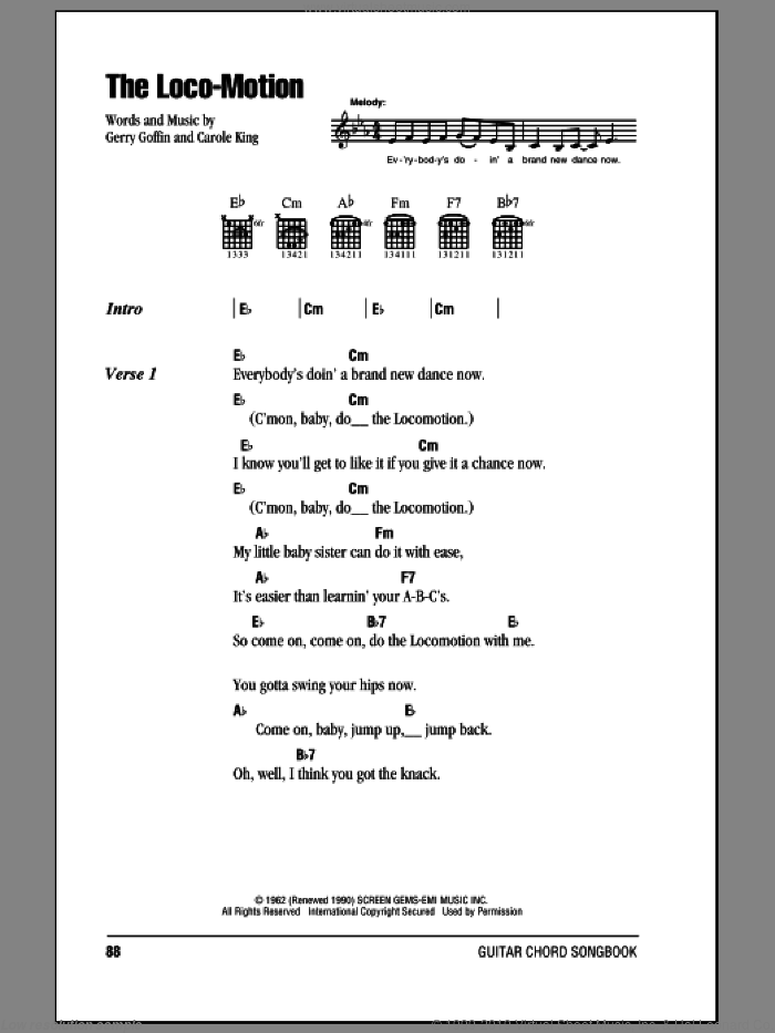 The Loco-Motion sheet music for guitar (chords) by Kylie Minogue, Carole King and Gerry Goffin, intermediate skill level