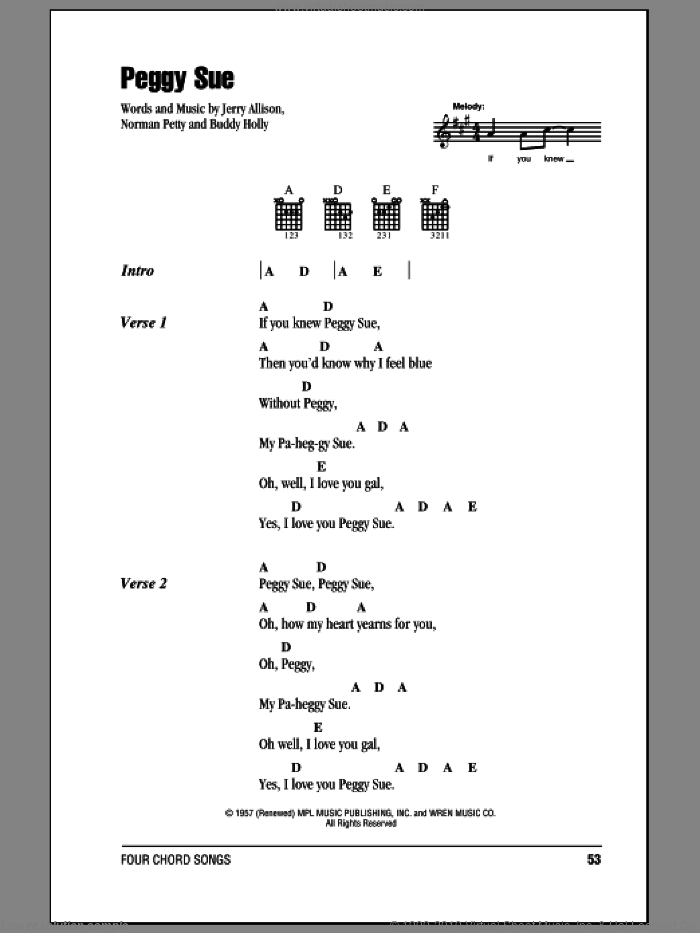 Peggy Sue sheet music for guitar (chords) by Buddy Holly, Jerry Allison and Norman Petty, intermediate skill level