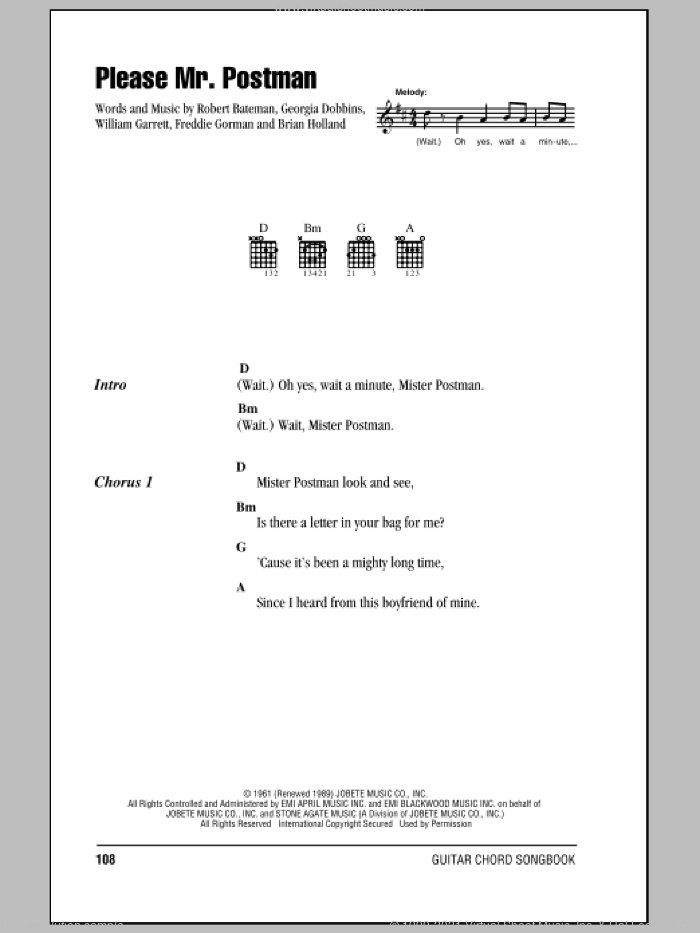 Please Mr. Postman sheet music for guitar (chords) by The Beatles, The Marvelettes, Brian Holland, Freddie Gorman, Georgia Dobbins, Robert Bateman and William Garrett, intermediate skill level