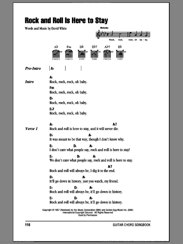Rock And Roll Is Here To Stay sheet music for guitar (chords) by Danny & The Juniors and David White, intermediate skill level