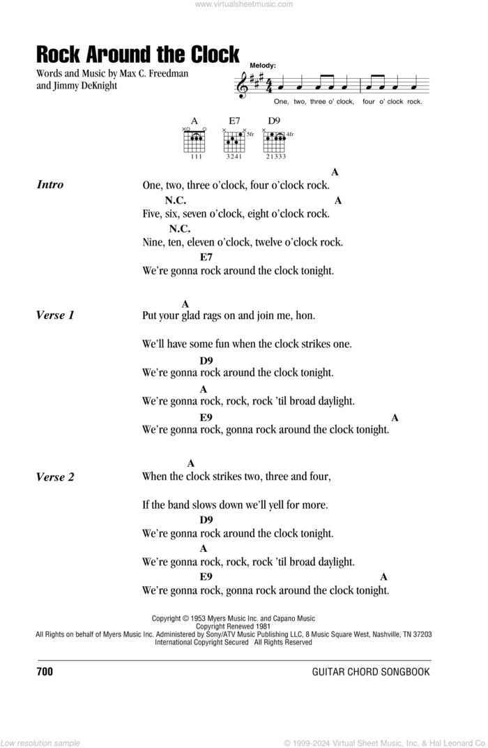 Rock Around The Clock sheet music for guitar (chords) by Bill Haley & His Comets, Jimmy DeKnight and Max C. Freedman, intermediate skill level