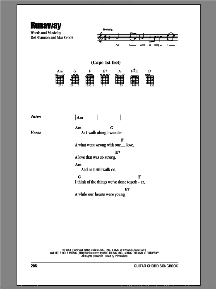 Runaway sheet music for guitar (chords) by Del Shannon and Max Crook, intermediate skill level
