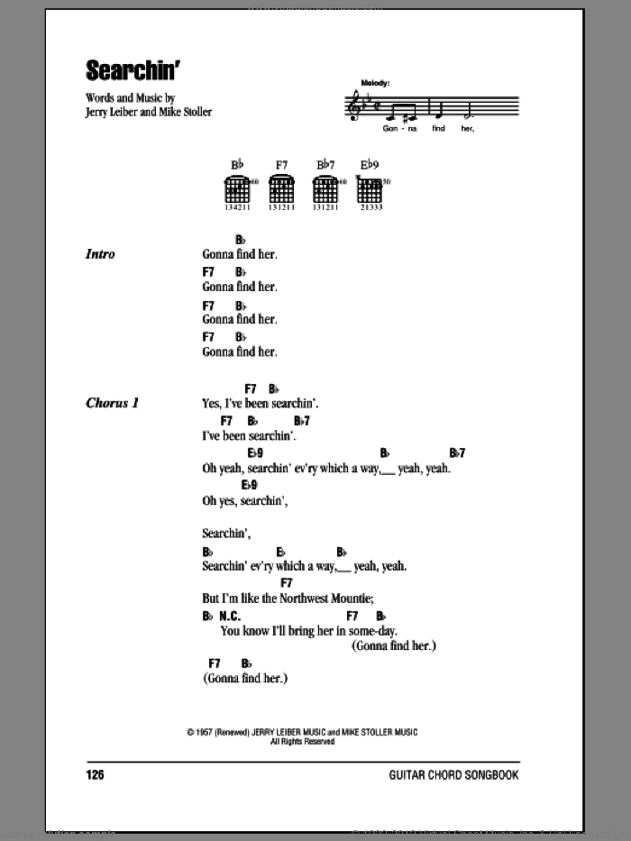 Searchin' sheet music for guitar (chords) by The Coasters, The Beatles, Jerry Leiber and Mike Stoller, intermediate skill level