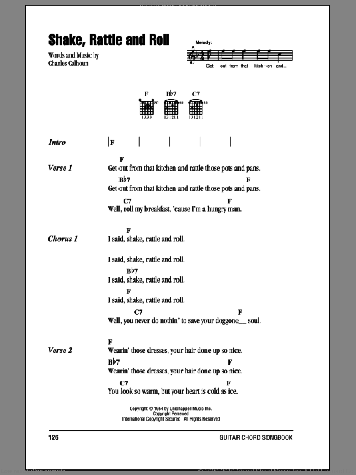 Shake, Rattle And Roll sheet music for guitar (chords) by Bill Haley, Arthur Conley and Charles Calhoun, intermediate skill level