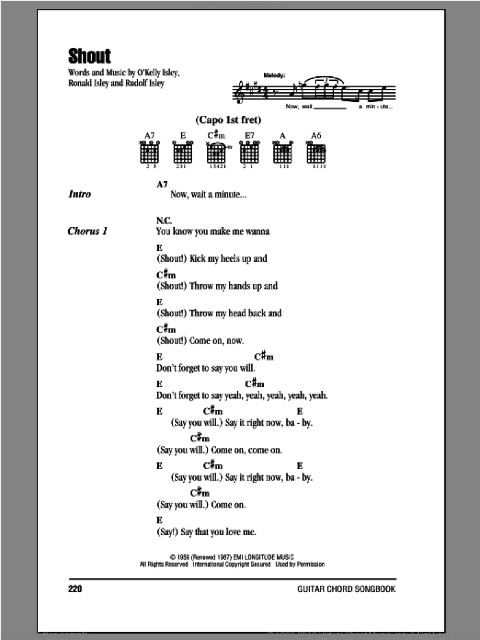 Shout sheet music for guitar (chords) by The Isley Brothers, O Kelly Isley, Ronald Isley and Rudolph Isley, intermediate skill level