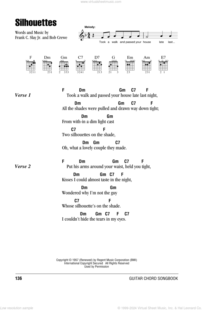 Silhouettes sheet music for guitar (chords) by Herman's Hermits, Bob Crewe and Frank C. Slay Jr., intermediate skill level