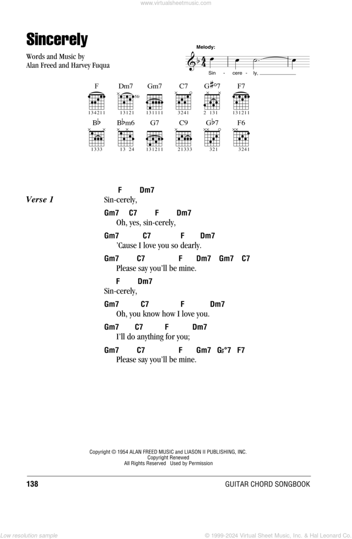 Sincerely sheet music for guitar (chords) by McGuire Sisters, Alan Freed and Harvey Fuqua, intermediate skill level