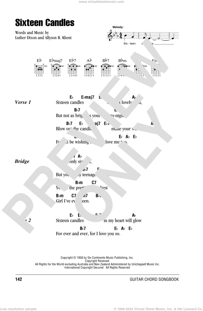 Sixteen Candles sheet music for guitar (chords) by The Crests, Allyson Khent and Luther Dixon, intermediate skill level