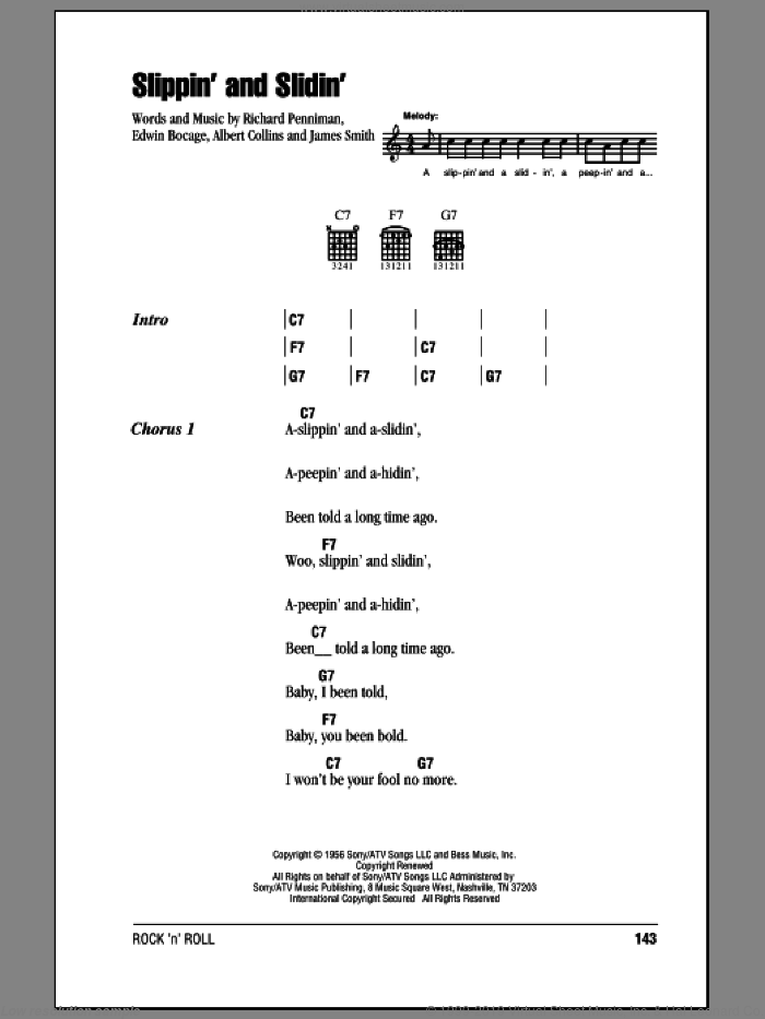 Slippin' And Slidin' sheet music for guitar (chords) by Little Richard, Albert Collins, Edwin Bocage, James Smith and Richard Penniman, intermediate skill level