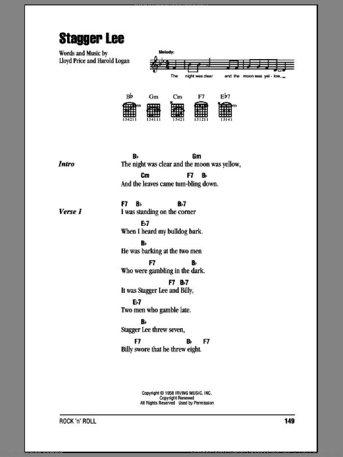 Stagger Lee sheet music for guitar (chords) by Lloyd Price and Harold Logan, intermediate skill level