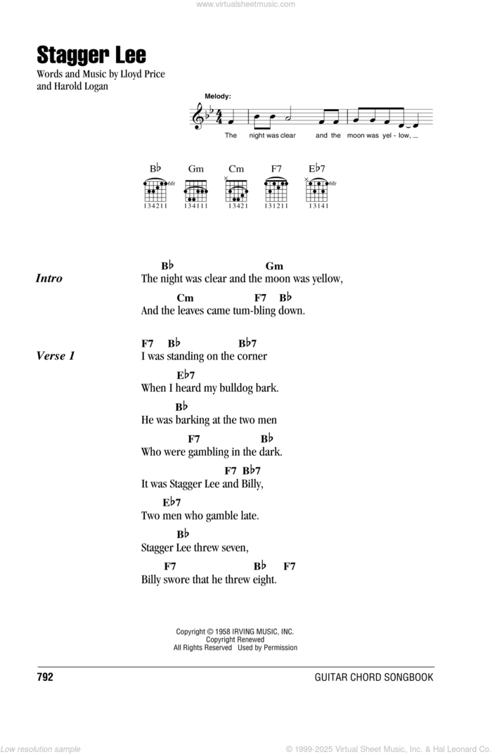 Stagger Lee sheet music for guitar (chords) by Lloyd Price and Harold Logan, intermediate skill level