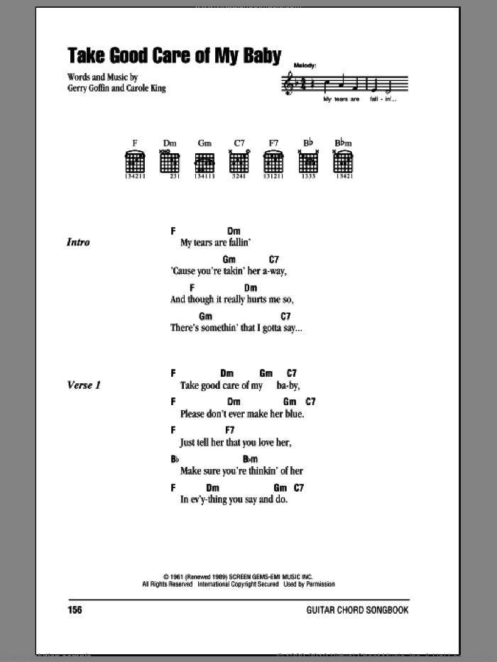Take Good Care Of My Baby sheet music for guitar (chords) by Bobby Vee, Carole King and Gerry Goffin, intermediate skill level
