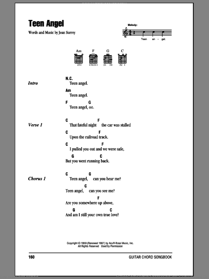 Teen Angel sheet music for guitar (chords) by Mark Dinning and Jean Surrey, intermediate skill level