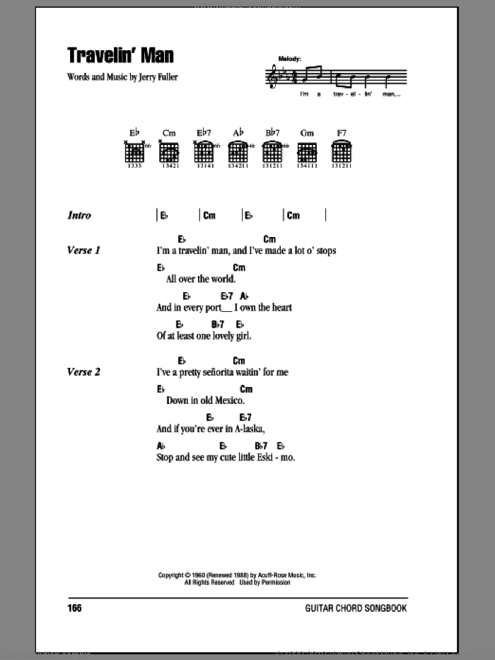 Travelin' Man sheet music for guitar (chords) by Ricky Nelson and Jerry Fuller, intermediate skill level