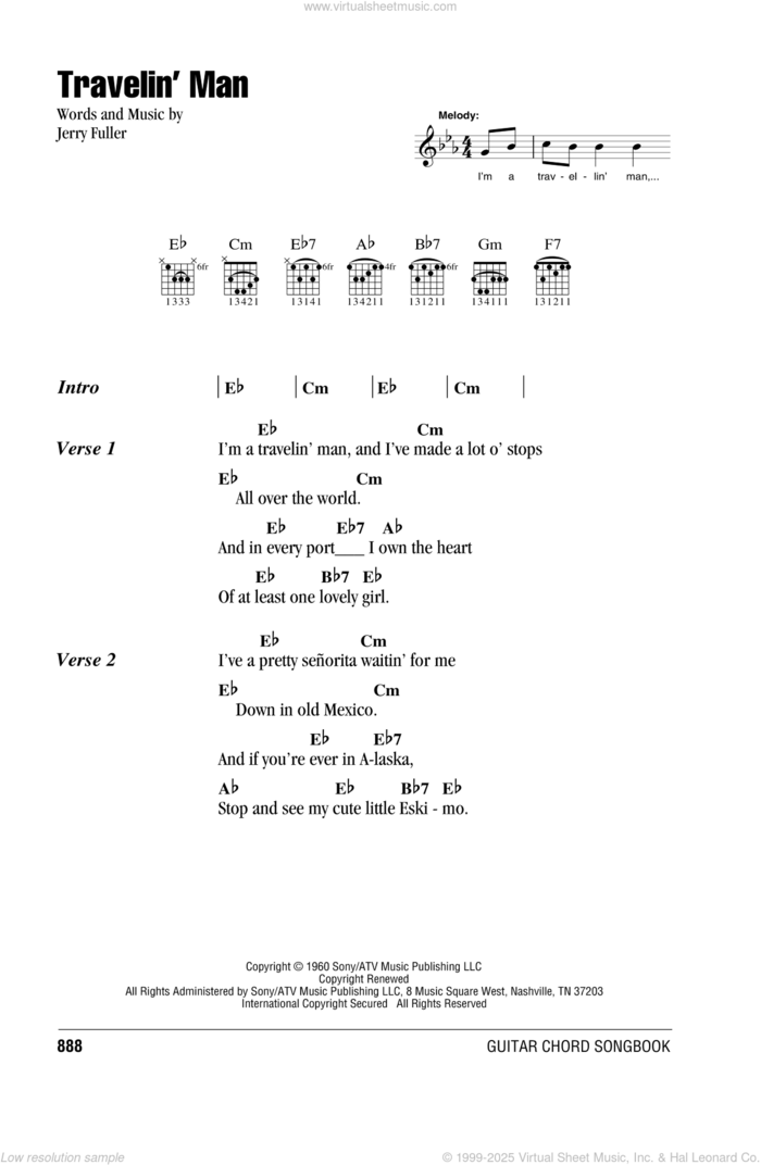 Travelin' Man sheet music for guitar (chords) by Ricky Nelson and Jerry Fuller, intermediate skill level