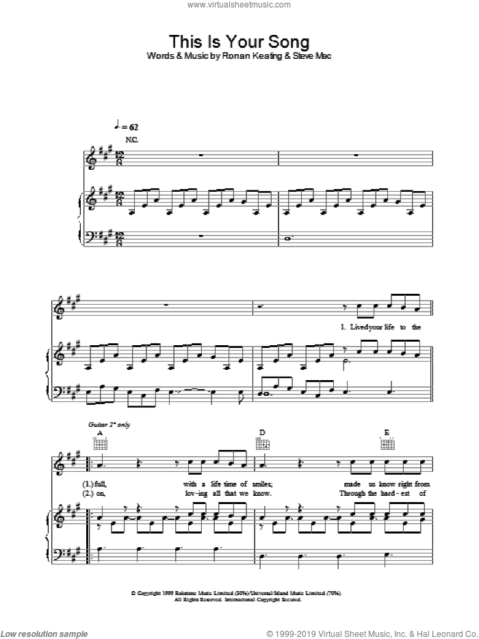 This Is Your Song sheet music for voice, piano or guitar by Ronan Keating and Steve Mac, intermediate skill level