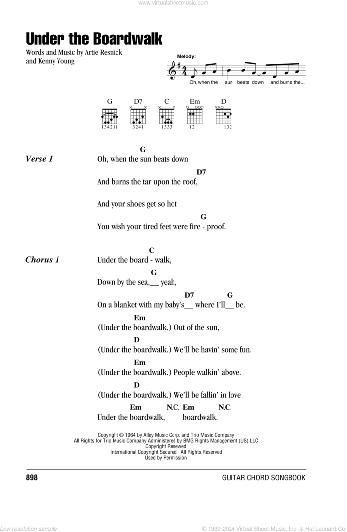 Under The Boardwalk sheet music for guitar (chords) by The Drifters, Artie Resnick and Kenny Young, intermediate skill level