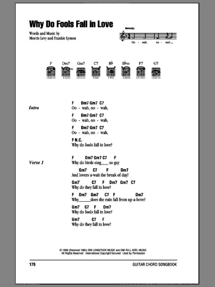 Why Do Fools Fall In Love sheet music for guitar (chords) by Frankie Lymon & The Teenagers, Frankie Lymon and Morris Levy, intermediate skill level