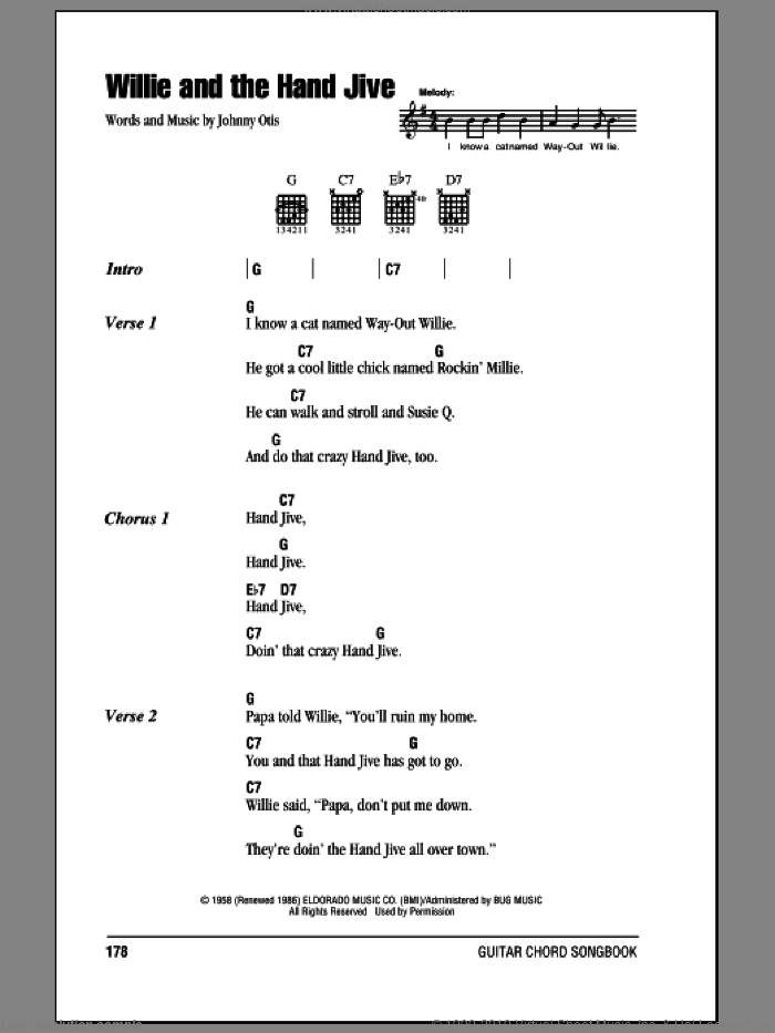 Willie And The Hand Jive sheet music for guitar (chords) by Johnny Otis and Eric Clapton, intermediate skill level