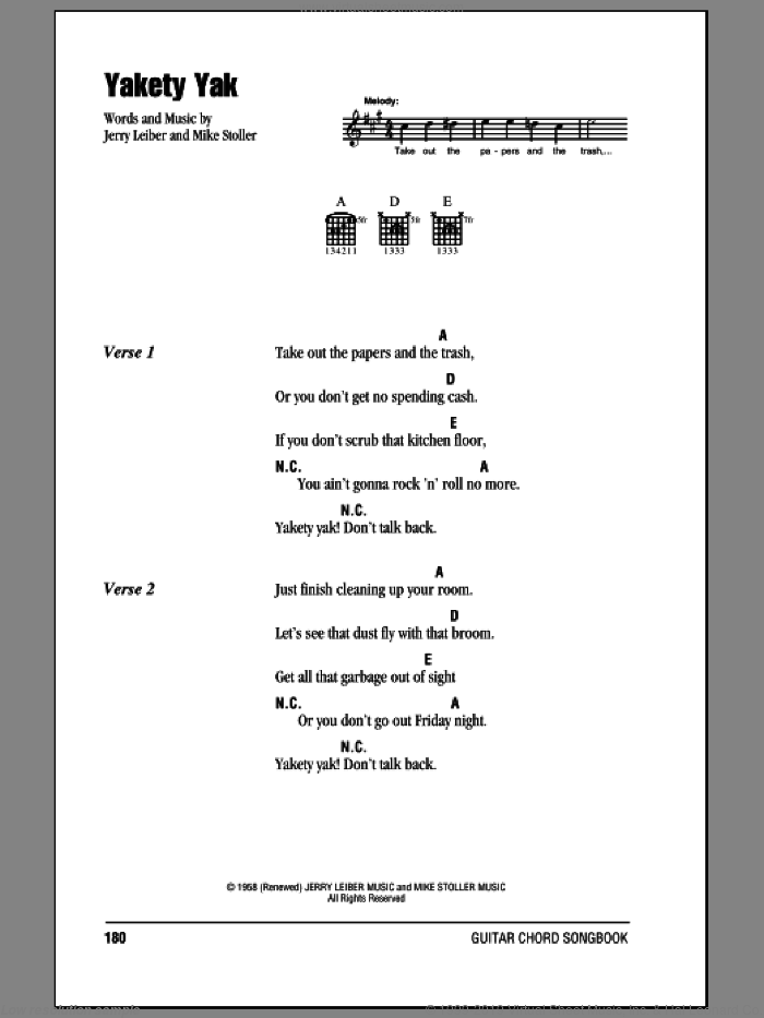 Yakety Yak sheet music for guitar (chords) by The Coasters, Jerry Leiber and Mike Stoller, intermediate skill level