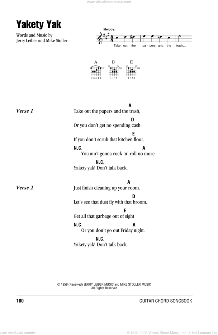 Yakety Yak sheet music for guitar (chords) by The Coasters, Jerry Leiber and Mike Stoller, intermediate skill level
