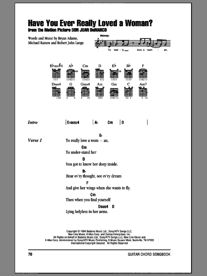 Have You Ever Really Loved A Woman? sheet music for guitar (chords) by Bryan Adams, Michael Kamen and Robert John Lange, intermediate skill level