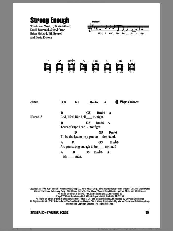 Strong Enough sheet music for guitar (chords) by Sheryl Crow, Bill Bottrell, Brian MacLeod, David Baerwald, David Ricketts and Kevin Gilbert, intermediate skill level