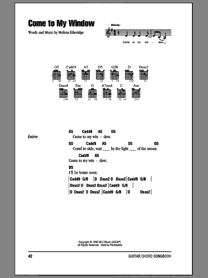 Come To My Window sheet music for guitar (chords) by Melissa Etheridge, intermediate skill level