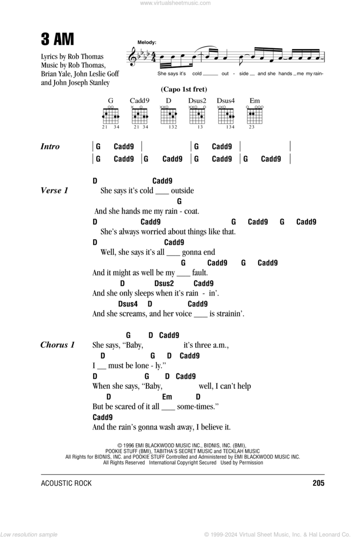 3 AM sheet music for guitar (chords) by Matchbox Twenty, Matchbox 20, Brian Yale, Jay Stanley, John Goff and Rob Thomas, intermediate skill level