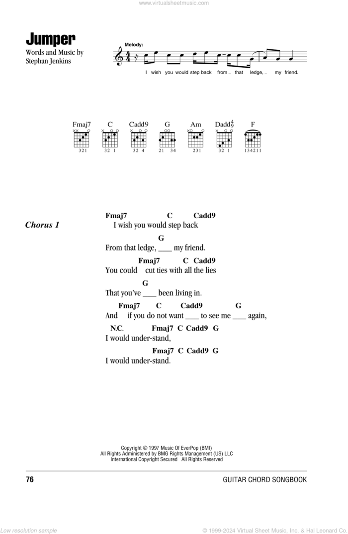 Jumper sheet music for guitar (chords) by Third Eye Blind and Stephan Jenkins, intermediate skill level