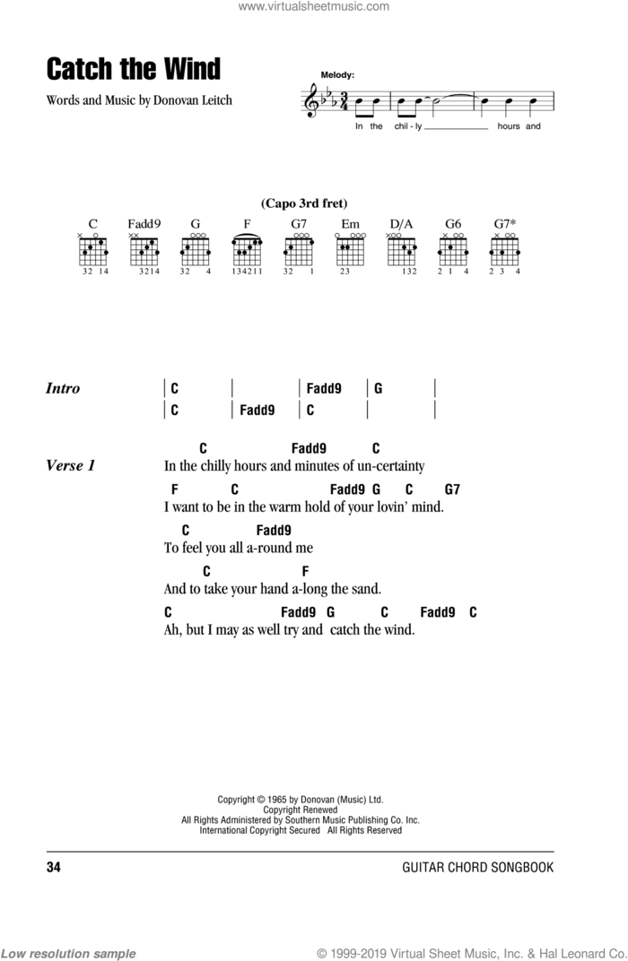 Catch The Wind sheet music for guitar (chords) by Walter Donovan and Donovan Leitch, intermediate skill level