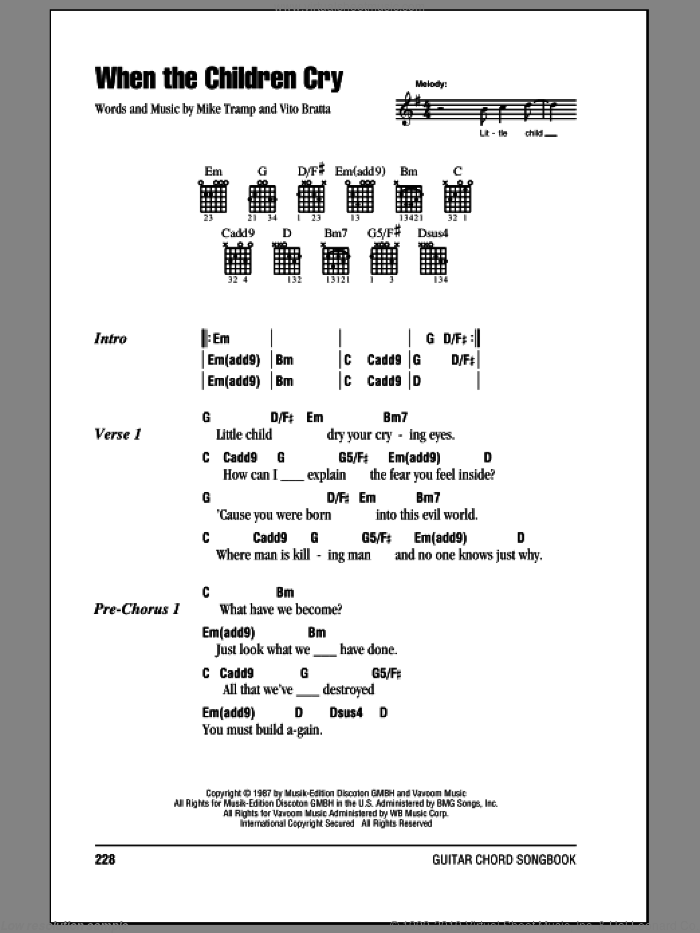 When The Children Cry sheet music for guitar (chords) by White Lion, Mike Tramp and Vito Bratta, intermediate skill level