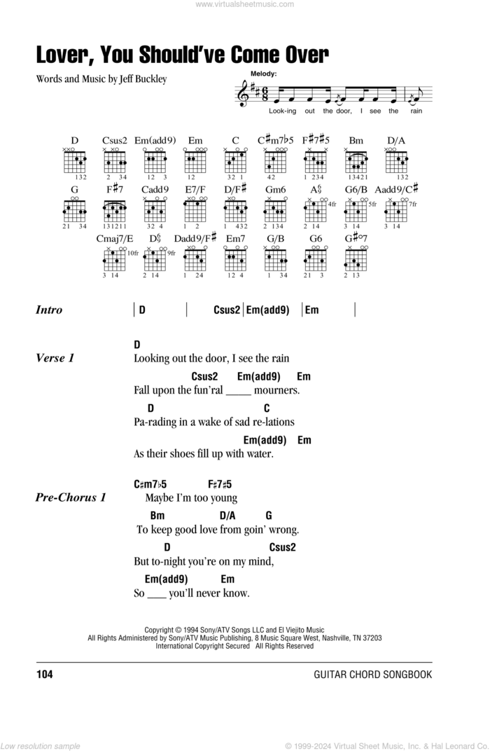 Lover, You Should've Come Over sheet music for guitar (chords) by Jeff Buckley, intermediate skill level