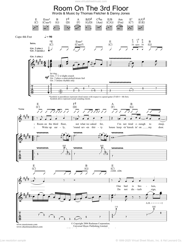 Room On The 3rd Floor sheet music for guitar (tablature) by McFly, Danny Jones and Thomas Fletcher, intermediate skill level