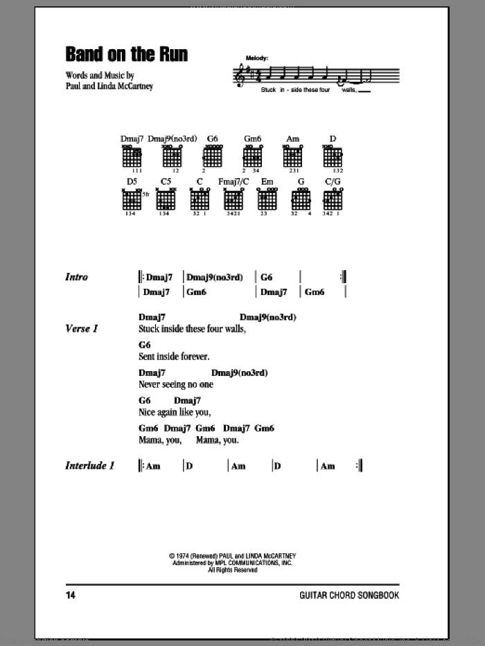 Band On The Run sheet music for guitar (chords) by Paul McCartney, Paul McCartney and Wings and Linda McCartney, intermediate skill level