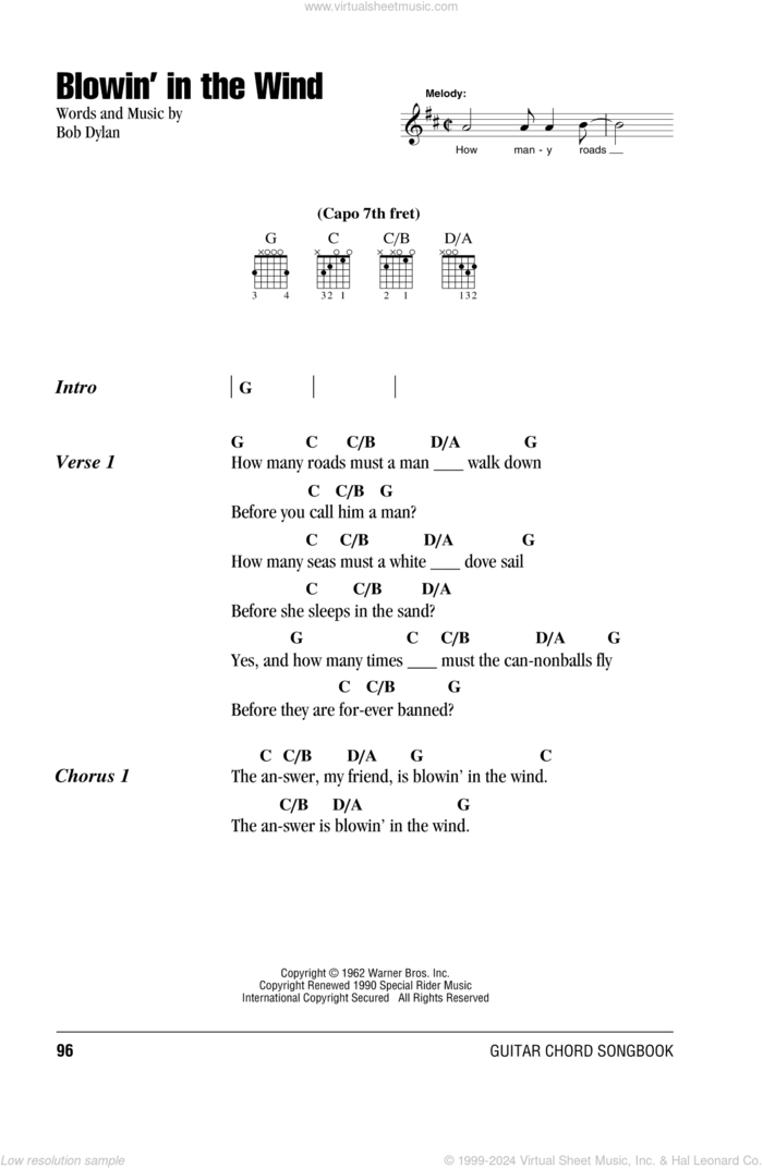 Blowin' In The Wind sheet music for guitar (chords) by Bob Dylan, intermediate skill level