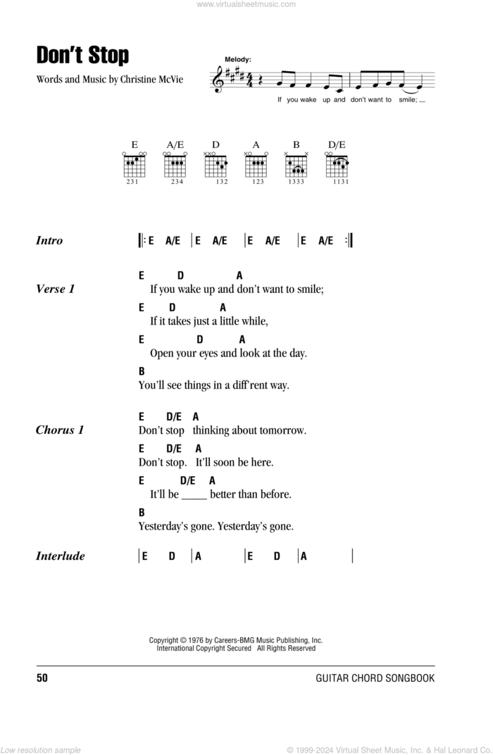 Don't Stop sheet music for guitar (chords) by Fleetwood Mac and Christine McVie, intermediate skill level