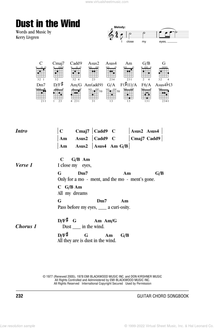 Dust In The Wind sheet music for guitar (chords) by Kansas and Kerry Livgren, intermediate skill level