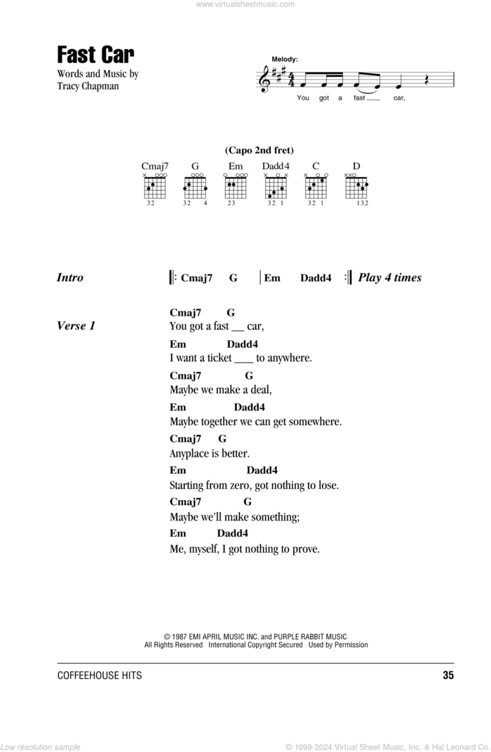 Fast Car sheet music for guitar (chords) by Tracy Chapman, intermediate skill level