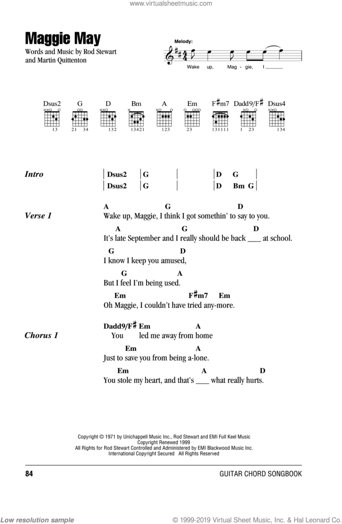 Maggie May sheet music for guitar (chords) by Rod Stewart and Martin Quittenton, intermediate skill level
