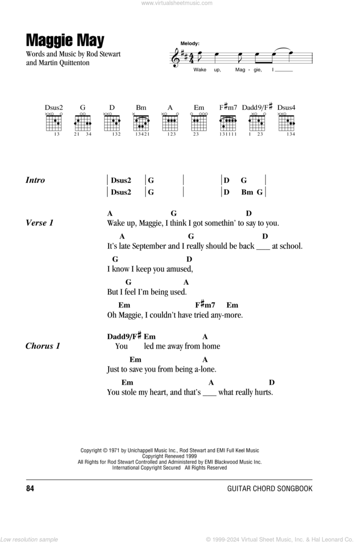 Maggie May sheet music for guitar (chords) by Rod Stewart and Martin Quittenton, intermediate skill level