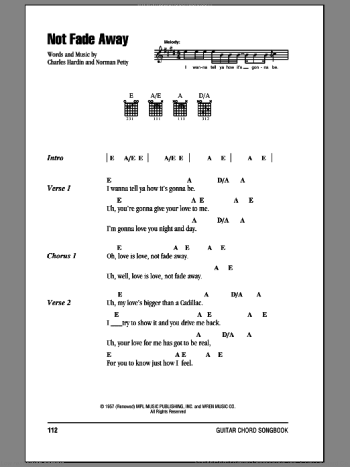 Not Fade Away sheet music for guitar (chords) by Buddy Holly, Charles Hardin and Norman Petty, intermediate skill level