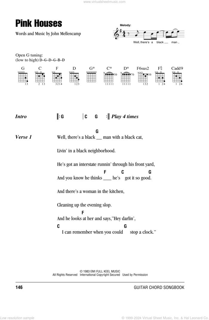 Pink Houses sheet music for guitar (chords) by John Mellencamp, intermediate skill level