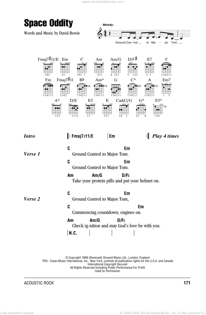 Space Oddity sheet music for guitar (chords) by David Bowie, intermediate skill level